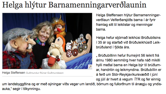 Helga Stef­fen­sen hlýt­ur Barna­menn­ing­ar­verðlaun Vel­ferðarsjóðs barna 2015